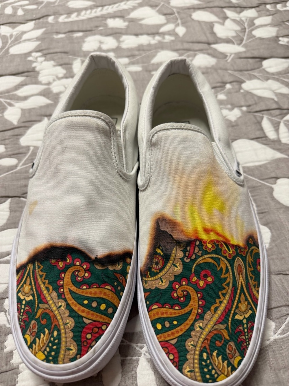 Vans White Canvas Slip-On Sneakers with Green, Red & Gold Paisley Print